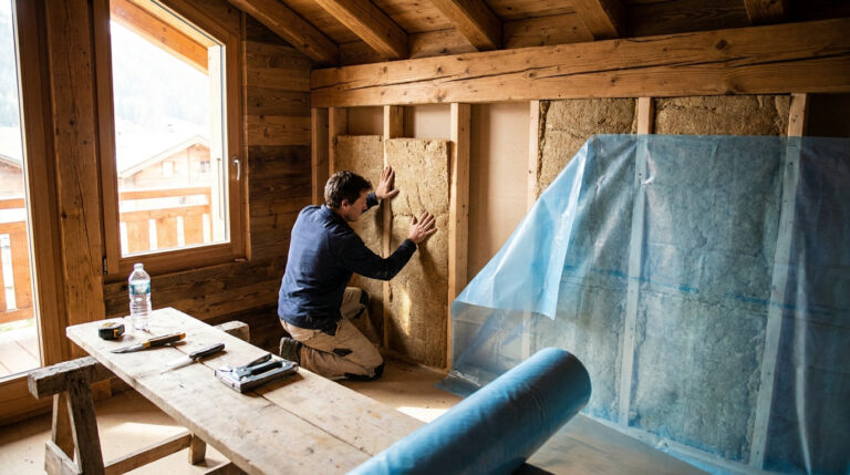 Un artisan installe de la laine isolante entre les montants en bois d'un mur de chalet, avec un pare-vapeur bleu.