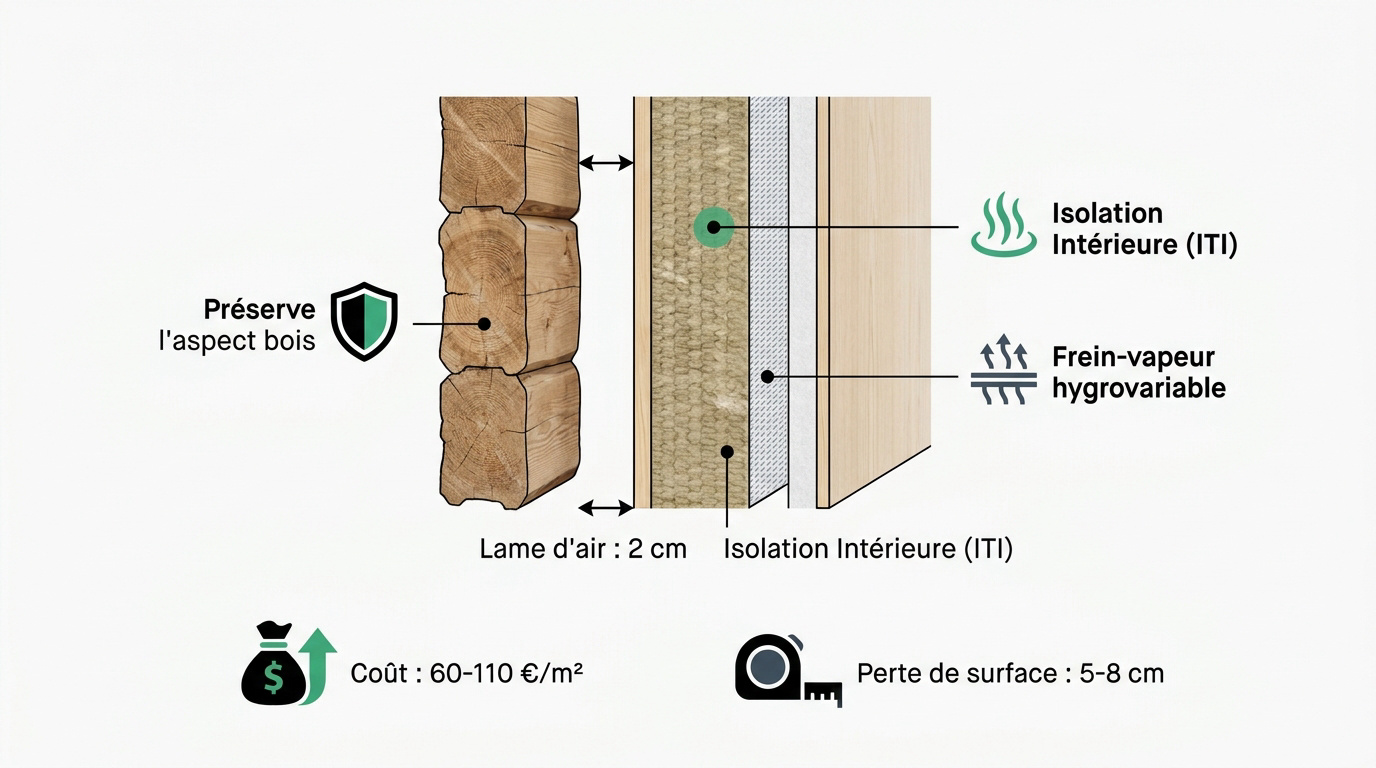 Pose de fibre de bois entre montants dans un chalet