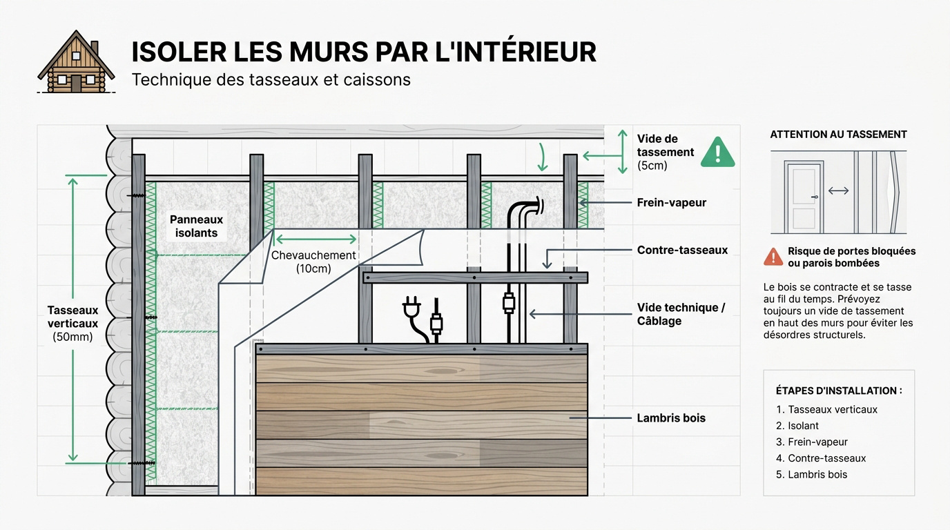 Pose de l'ossature bois et de l'isolant en fibre de bois pour les murs intérieurs d'un chalet
