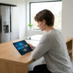 Une personne assise dans une cuisine moderne consulte un schéma technique sur une tablette tactile.