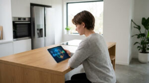 Une personne assise dans une cuisine moderne consulte un schéma technique sur une tablette tactile.