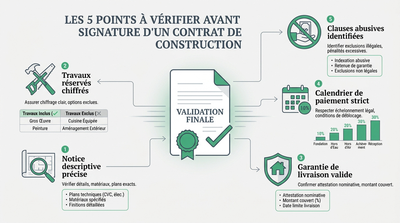Examen attentif des documents contractuels pour une construction de maison individuelle