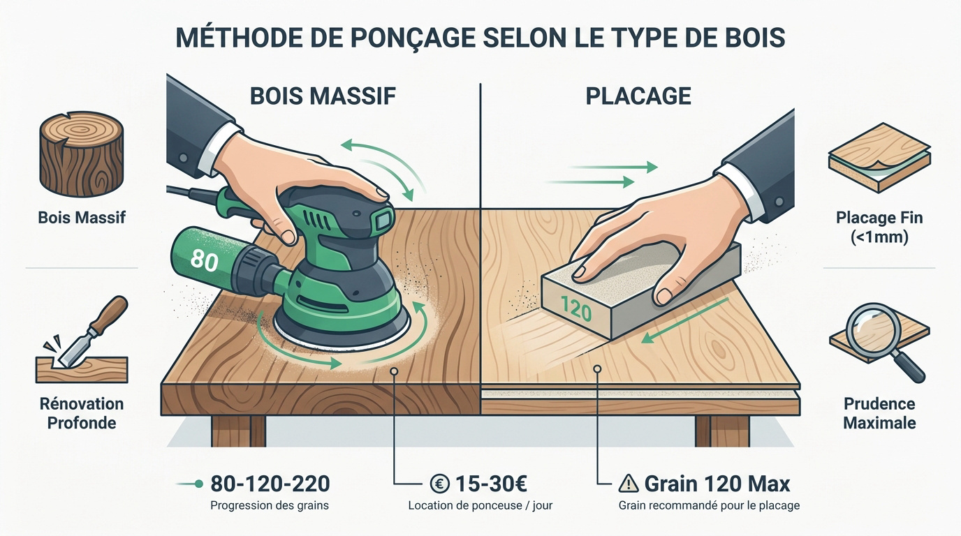 Comparaison technique entre le ponçage d'un plateau en bois massif et d'un placage fin