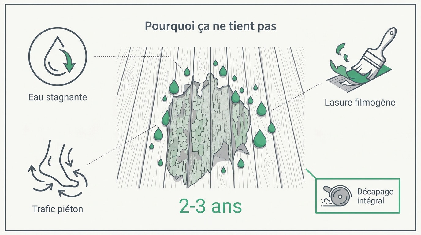 Détail d'une terrasse en bois dont la lasure s'écaille à cause de l'humidité stagnante