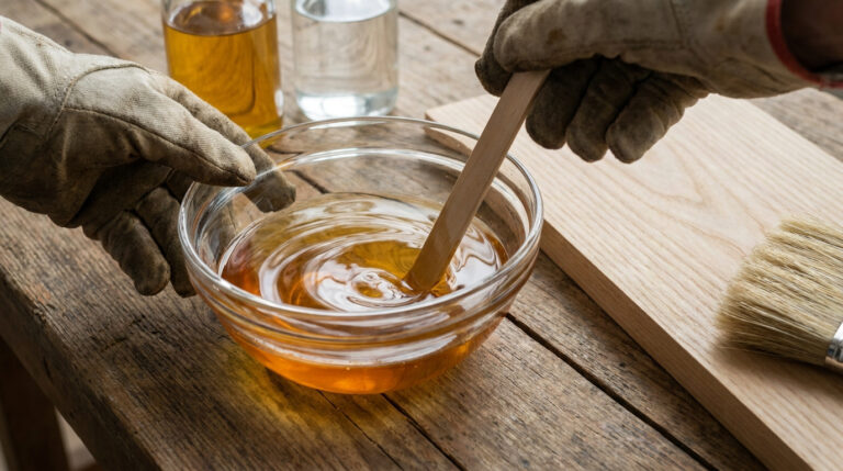 Gants de travail mélangeant un liquide ambré dans un bol en verre sur une table en bois avec une planche et un pinceau.