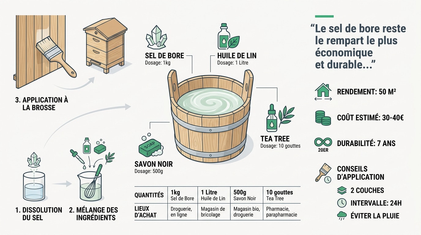 Préparation artisanale d'un traitement fongicide naturel pour le bois à base de sel de bore et huile de lin