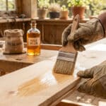 Une personne portant des gants de travail applique un traitement protecteur sur une planche en bois dans un atelier.