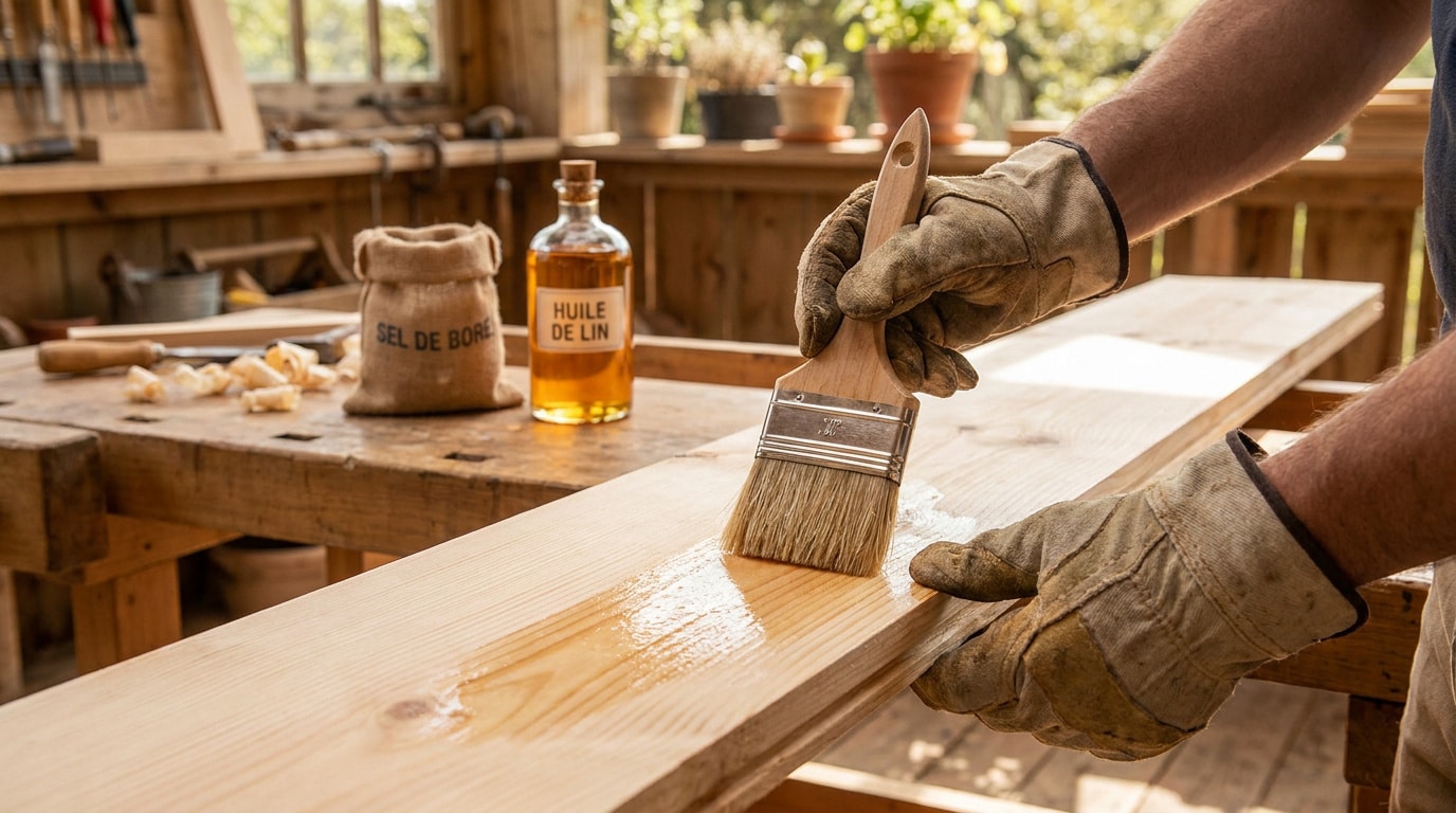 Une personne portant des gants de travail applique un traitement protecteur sur une planche en bois dans un atelier.