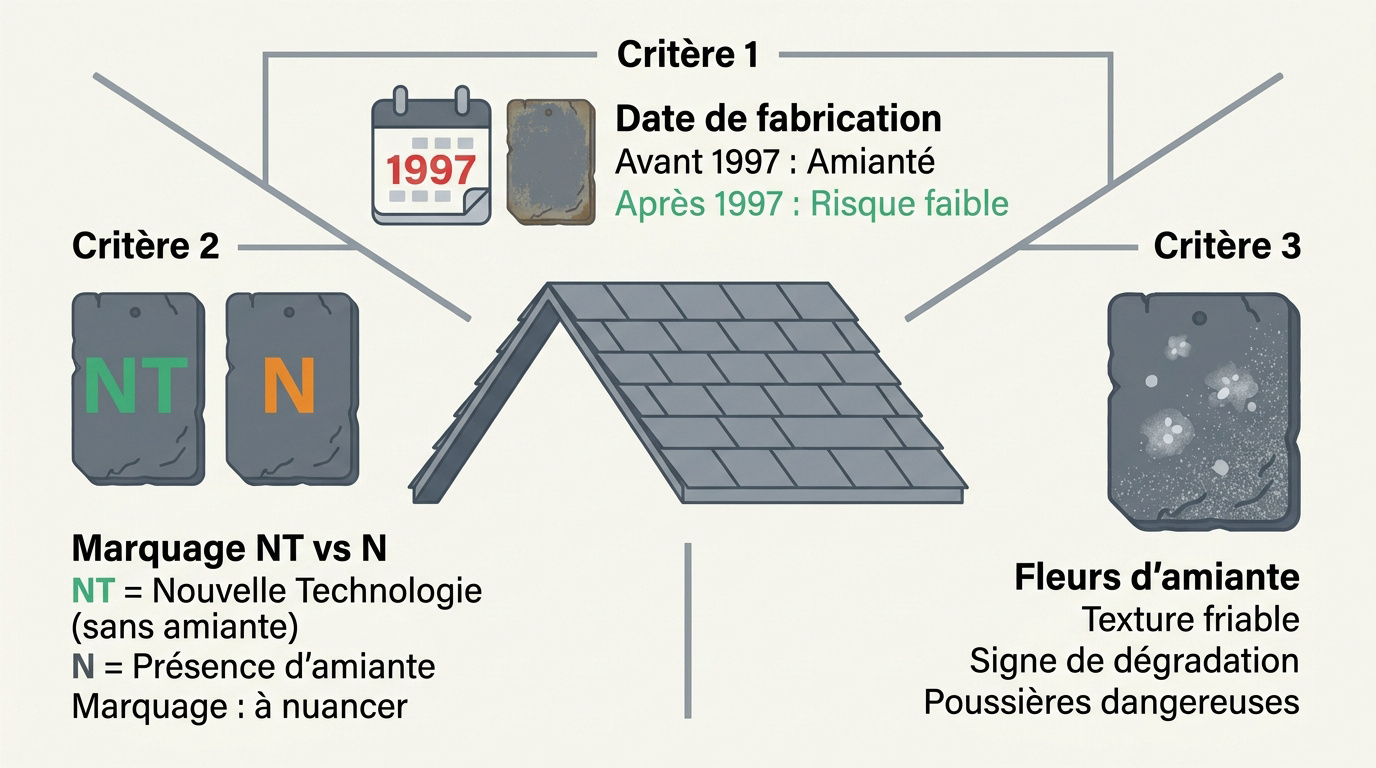 Comparaison visuelle entre ardoise naturelle et fibrociment amianté sur une toiture ancienne