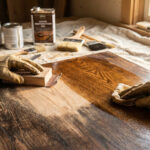 Une personne porte des gants de travail et ponce une table en bois avant d'appliquer une huile de restauration.