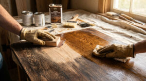 Une personne porte des gants de travail et ponce une table en bois avant d'appliquer une huile de restauration.