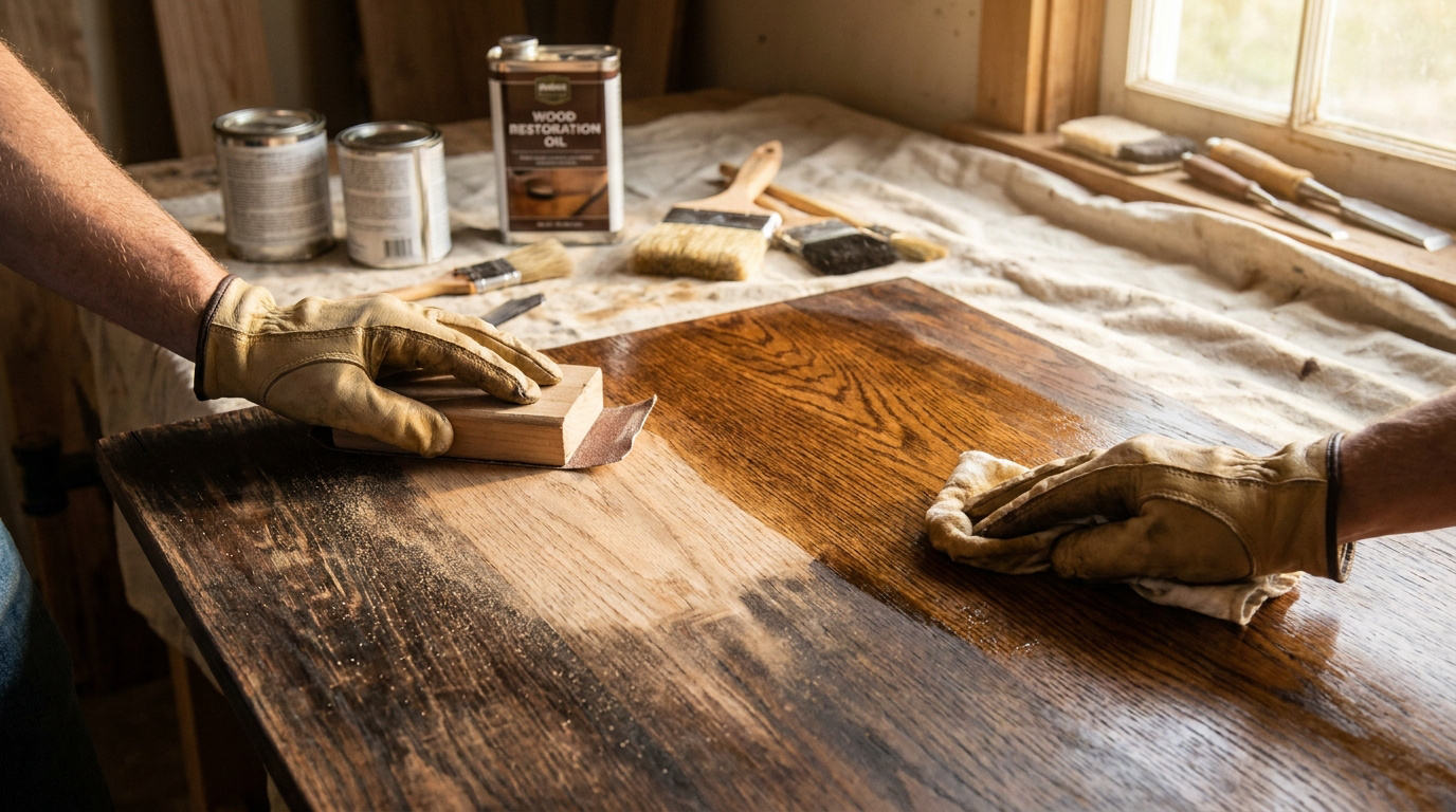 Une personne porte des gants de travail et ponce une table en bois avant d'appliquer une huile de restauration.