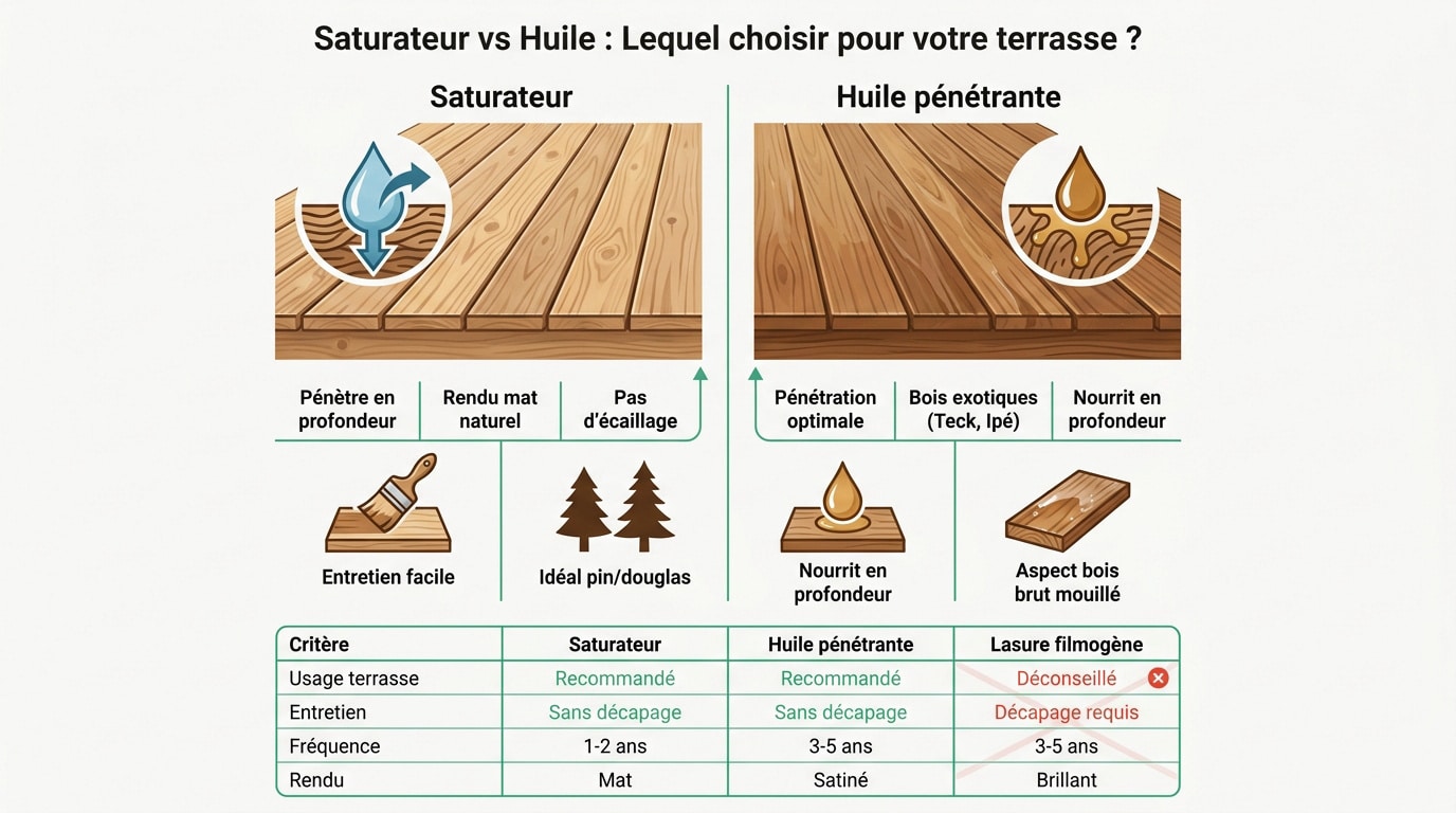 Comparaison entre saturateur et huile pour terrasse en bois extérieur