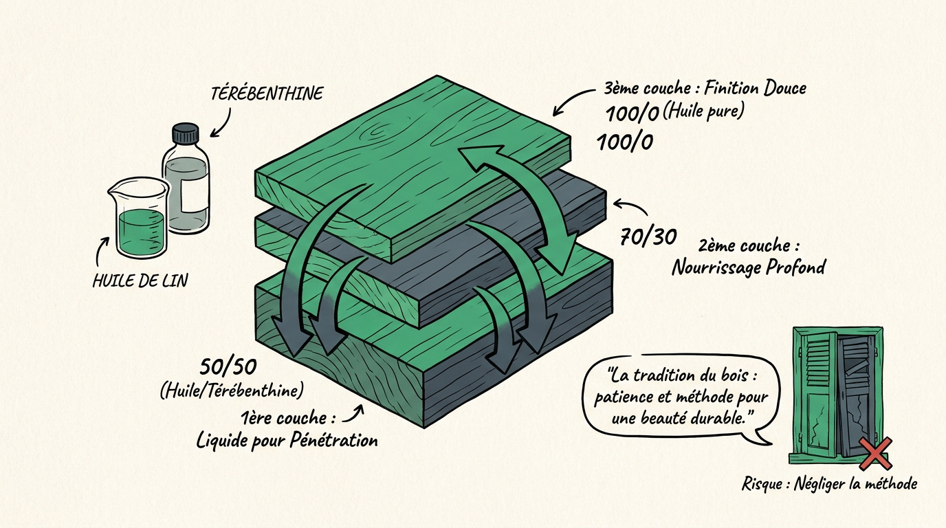 Schéma des trois couches de mélange huile de lin et térébenthine pour le bois