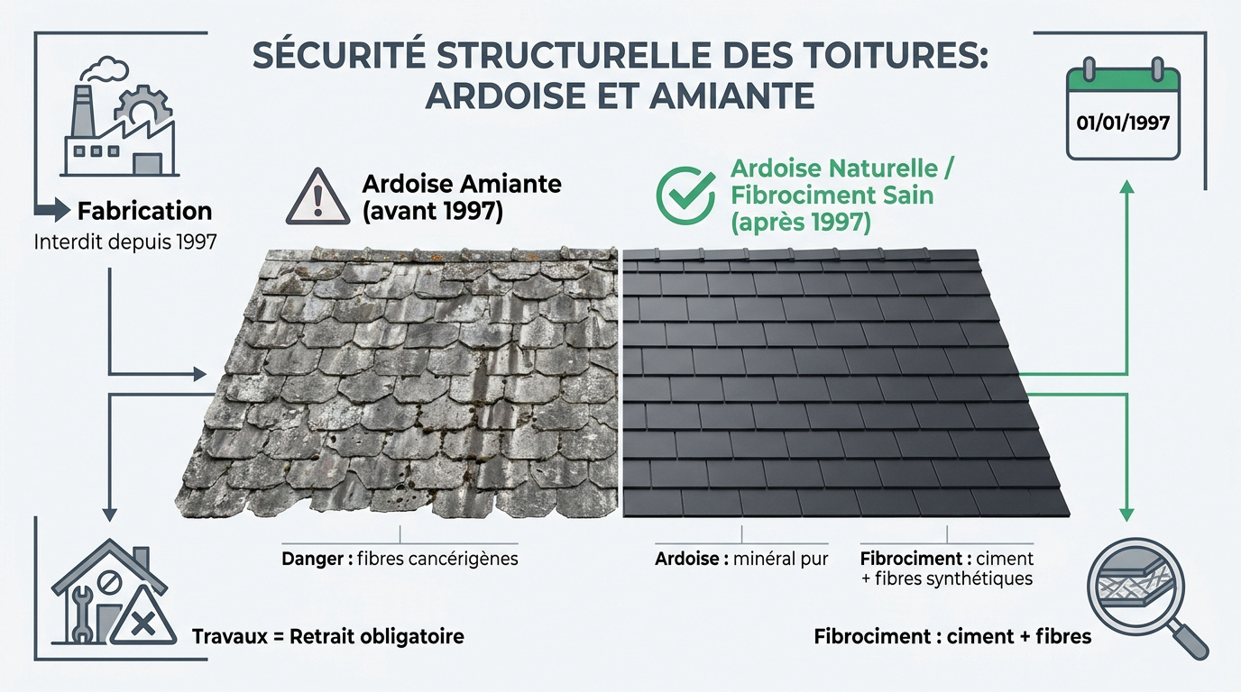 Comparaison visuelle entre ardoise naturelle et toiture en fibrociment amianté