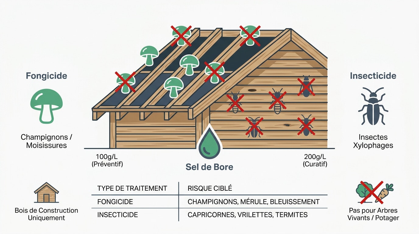 Préparation de sel de bore pour traitement fongicide naturel du bois