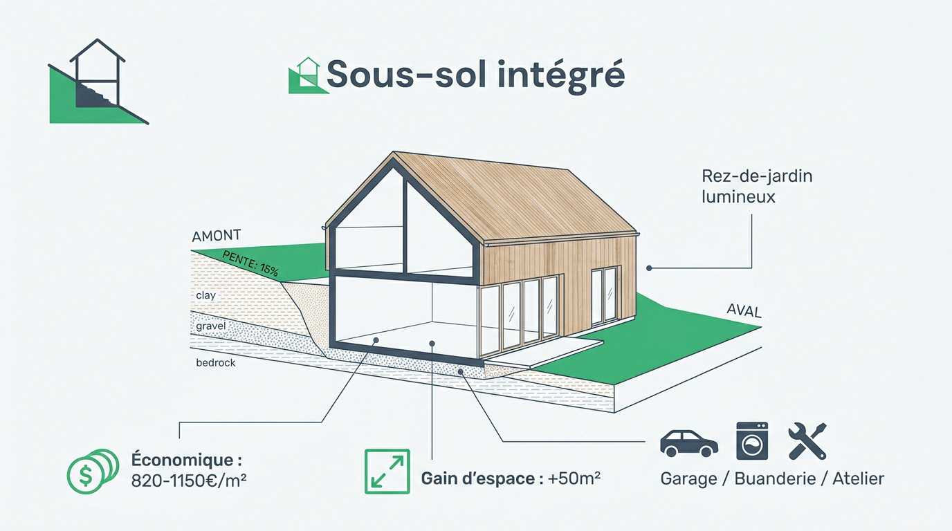 Maison moderne avec sous-sol semi-enterré sur un terrain en pente arboré