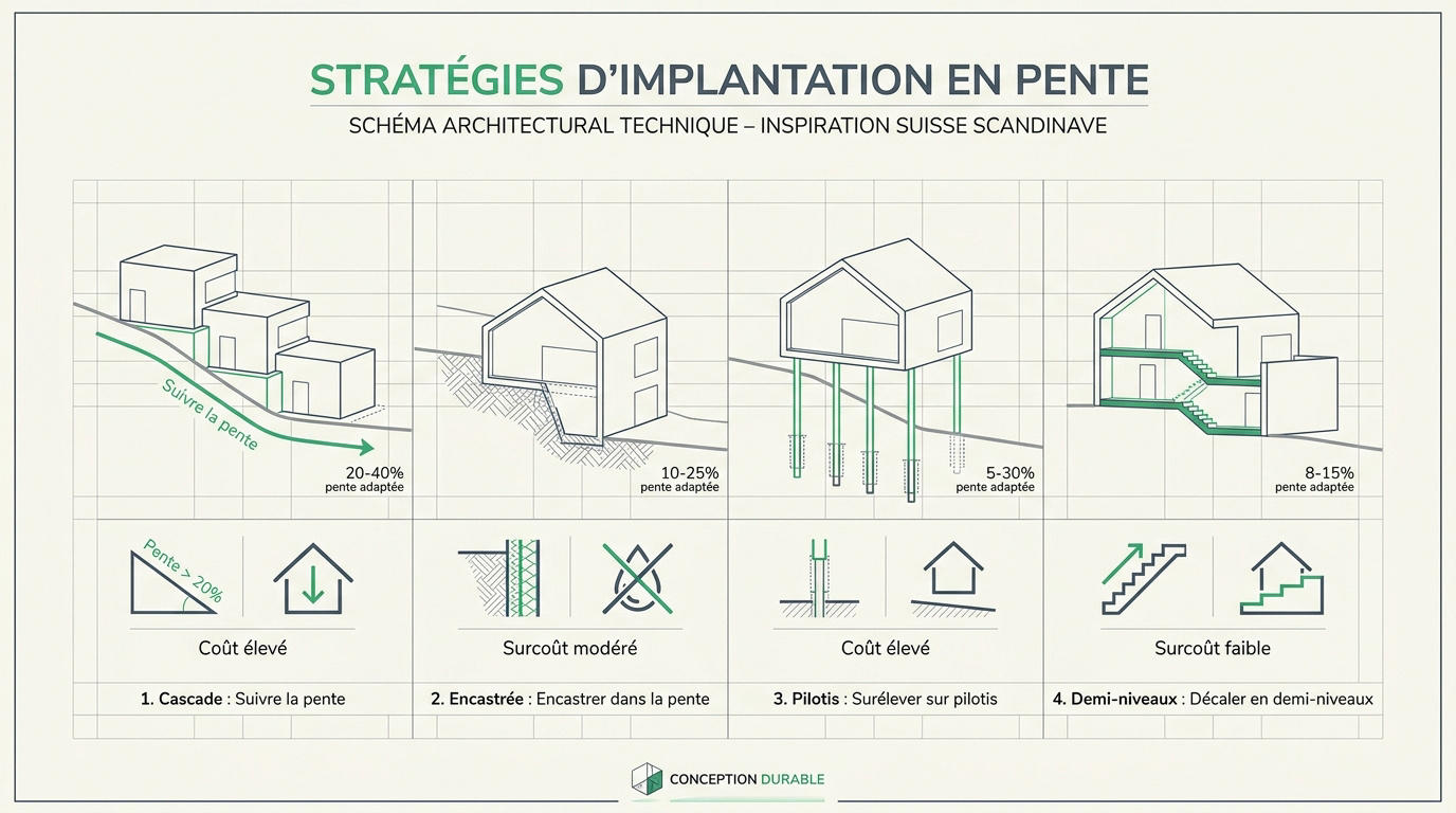 Schéma des différentes stratégies d'implantation pour une maison sur un terrain en pente : cascade, encastrée, pilotis et demi-niveaux