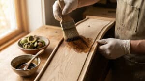 Artisan appliquant du brou de noix sur un tiroir en bois avec un pinceau, près d'un bol de noix fraîches.