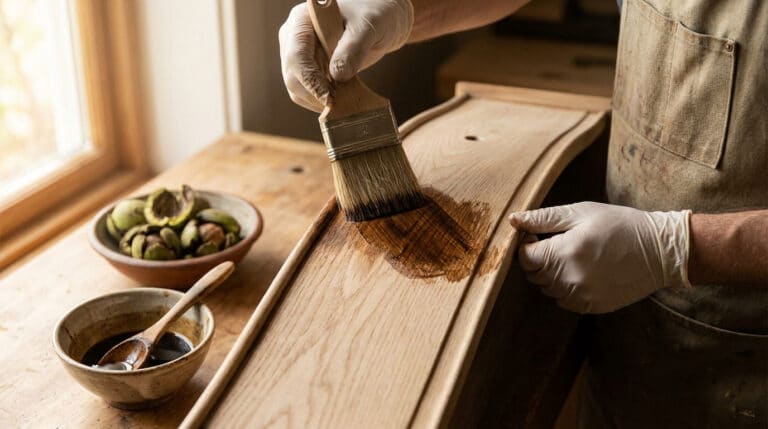 Artisan appliquant du brou de noix sur un tiroir en bois avec un pinceau, près d'un bol de noix fraîches.