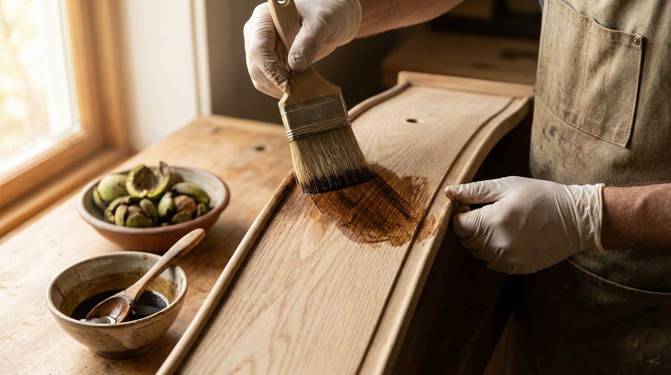 Artisan appliquant du brou de noix sur un tiroir en bois avec un pinceau, près d'un bol de noix fraîches.