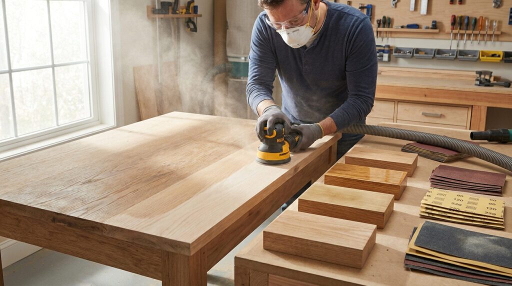 Un menuisier ponce une table en bois avec une ponceuse orbitale dans son atelier.