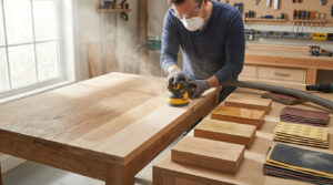 Un menuisier ponce une table en bois avec une ponceuse orbitale dans son atelier.