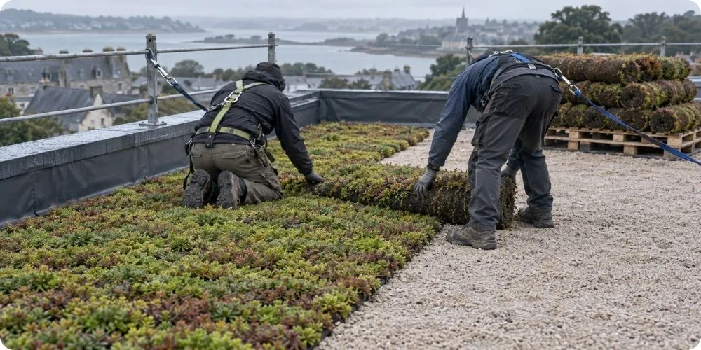 Pose-de-plaques-précultivées-de-sédums-sur-une-toiture-végétalisée-plate-en-cours-de-chantier