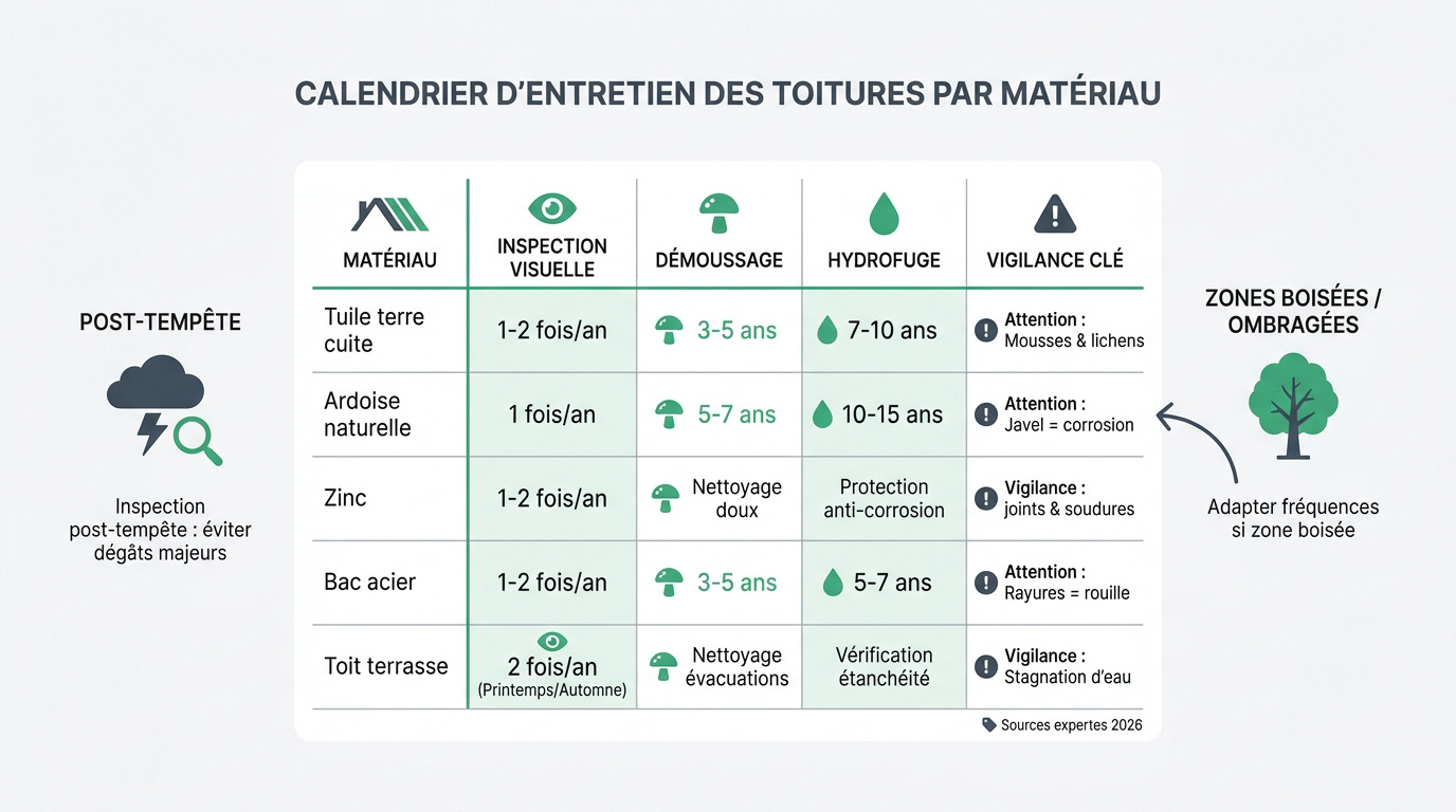 Tableau récapitulatif des fréquences d'entretien de toiture par type de matériau en 2026