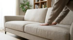 Une personne appuie sa main sur l'assise d'un canapé beige pour tester la fermeté ou vérifier un affaissement.