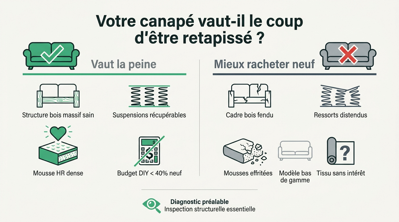 Comparaison entre un canapé à retapisser et un modèle neuf pour diagnostic