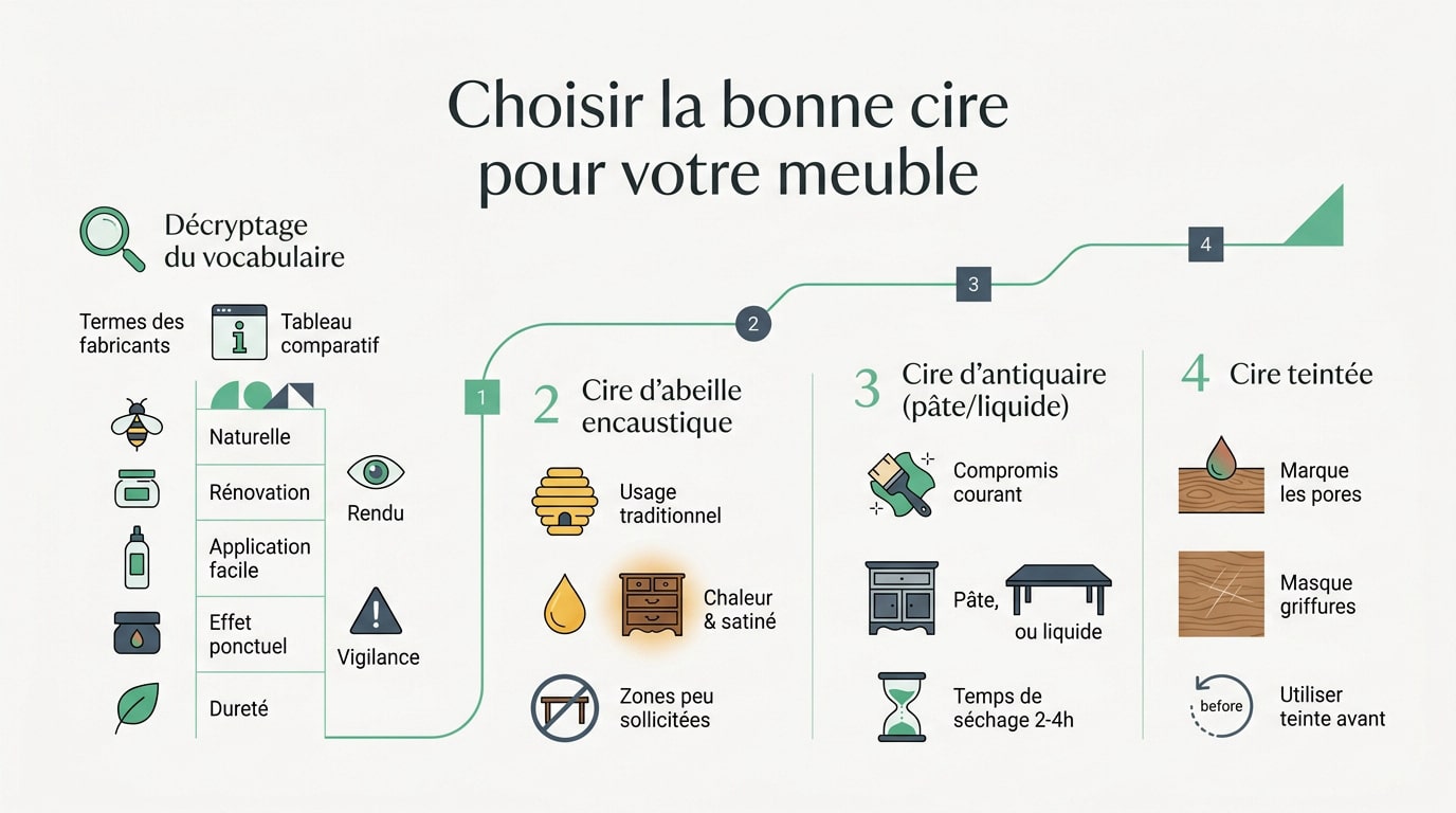 Application de cire d'antiquaire sur un buffet en bois ancien avec un chiffon en coton