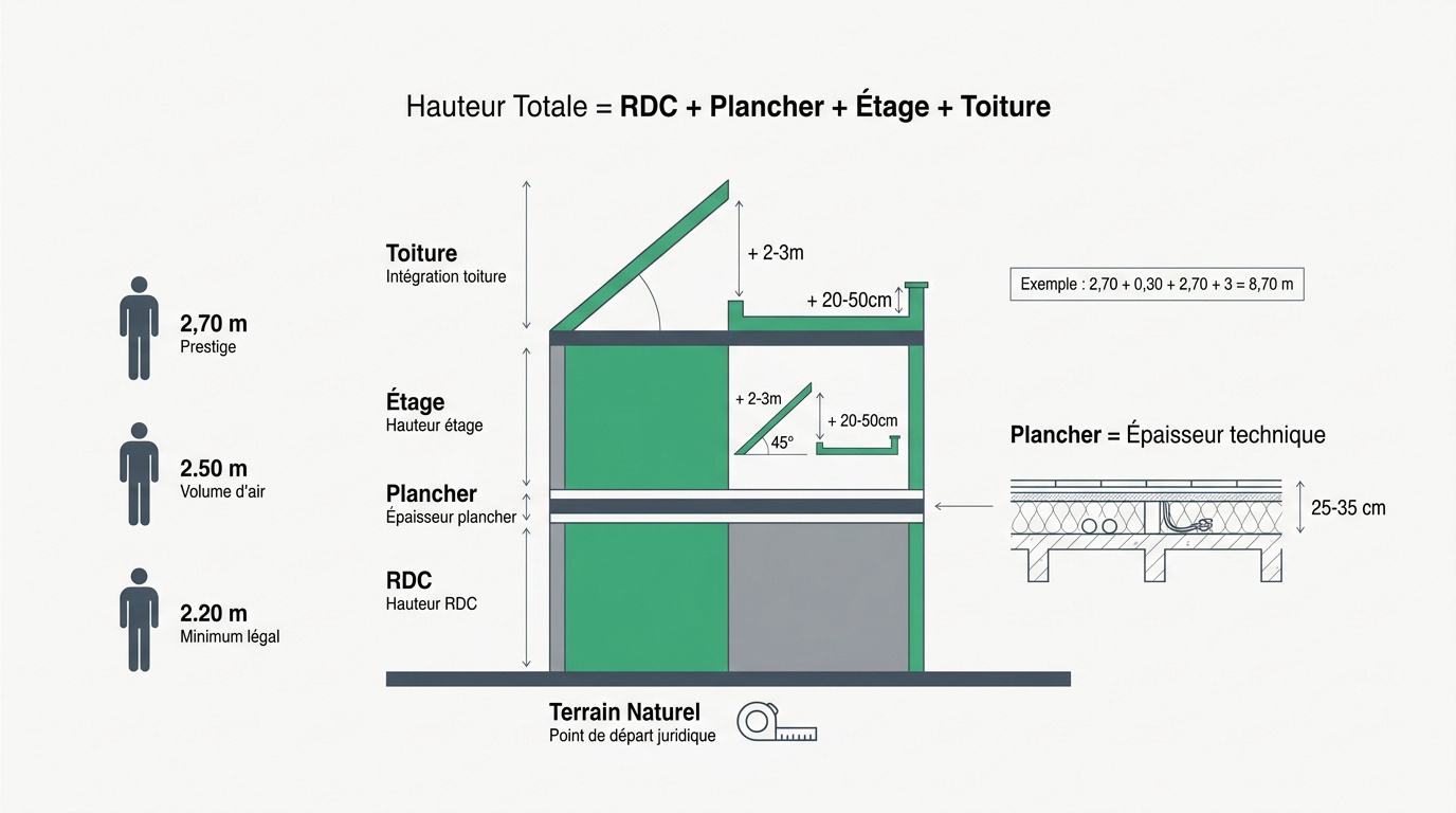 Schéma technique expliquant la mesure de la hauteur au faîtage et à l'égout d'une maison à étages