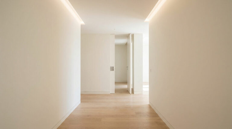 Un couloir lumineux et épuré avec des murs blancs, un sol en parquet en bois clair et un éclairage indirect au plafond.
