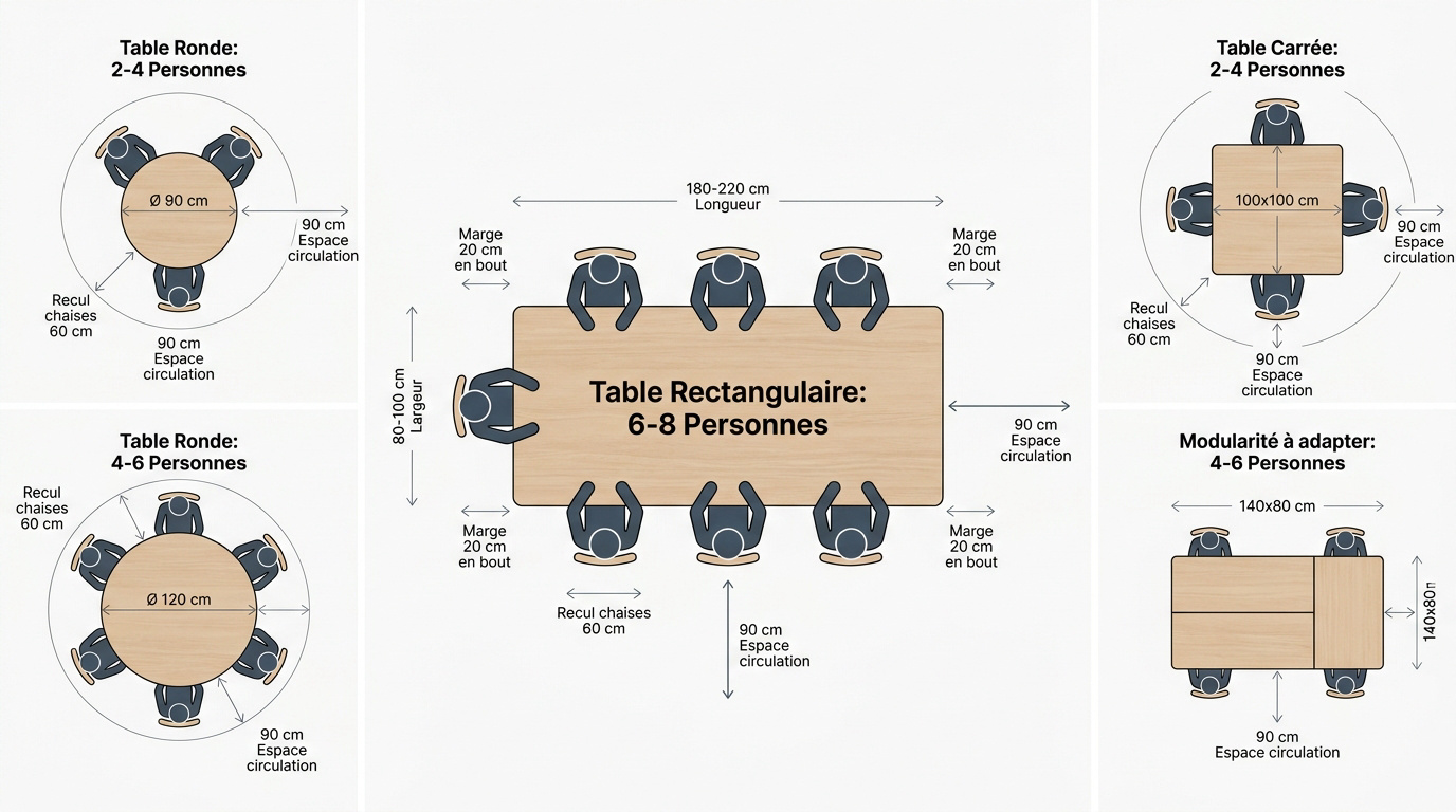 Schéma des dimensions et espaces de circulation autour d'une table à manger