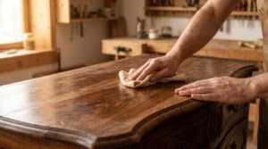 Mains d'un artisan cirant la surface en bois sombre d'une commode ancienne avec un chiffon doux dans son atelier.