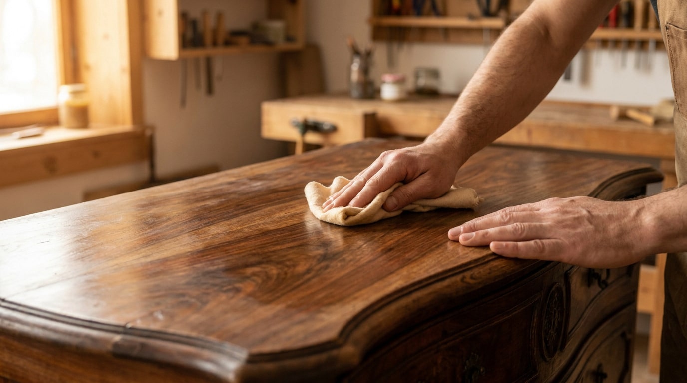 Mains d'un artisan cirant la surface en bois sombre d'une commode ancienne avec un chiffon doux dans son atelier.