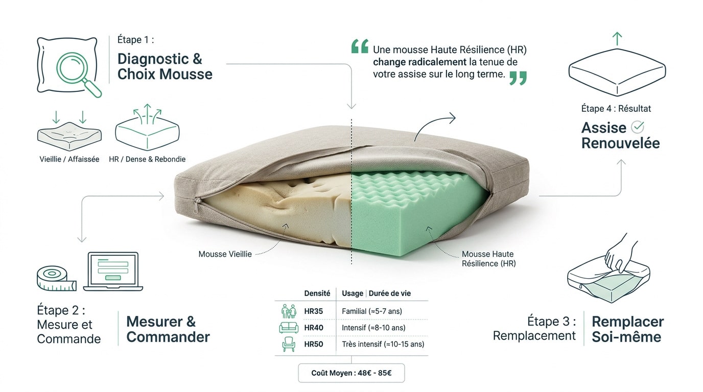 Schéma technique pour remplacer la mousse d'un coussin de canapé affaissé