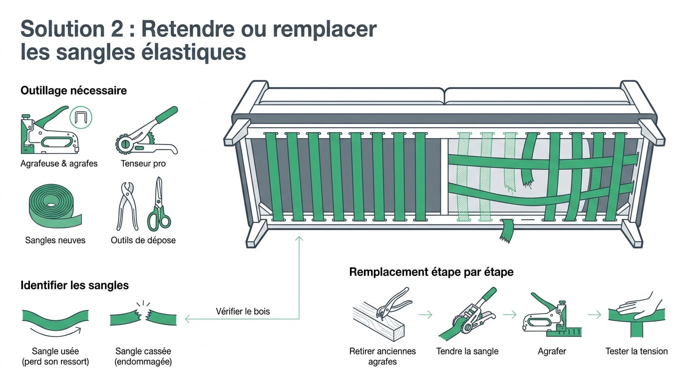 Réparation des sangles élastiques sous le châssis d'un canapé