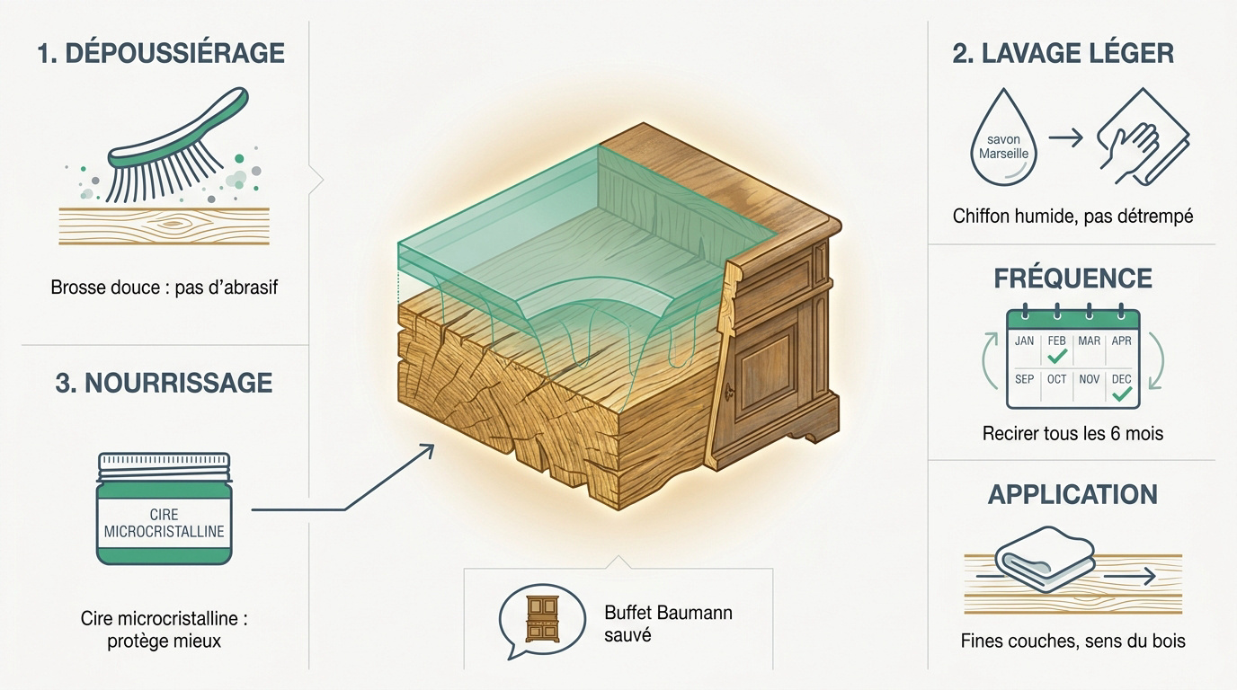 Infographie des étapes pour nettoyer et protéger un meuble en bois ciré ancien