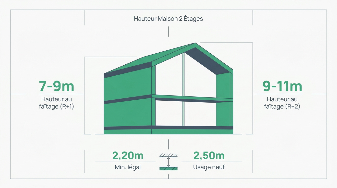 Schéma technique des hauteurs pour une maison à deux étages incluant le faîtage et l'égout