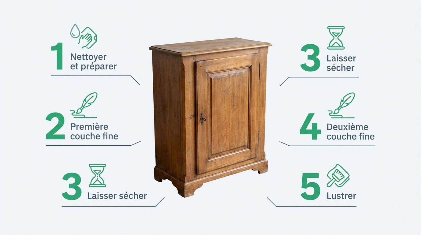 Infographie détaillant les 5 étapes pour cirer un meuble ancien avec succès