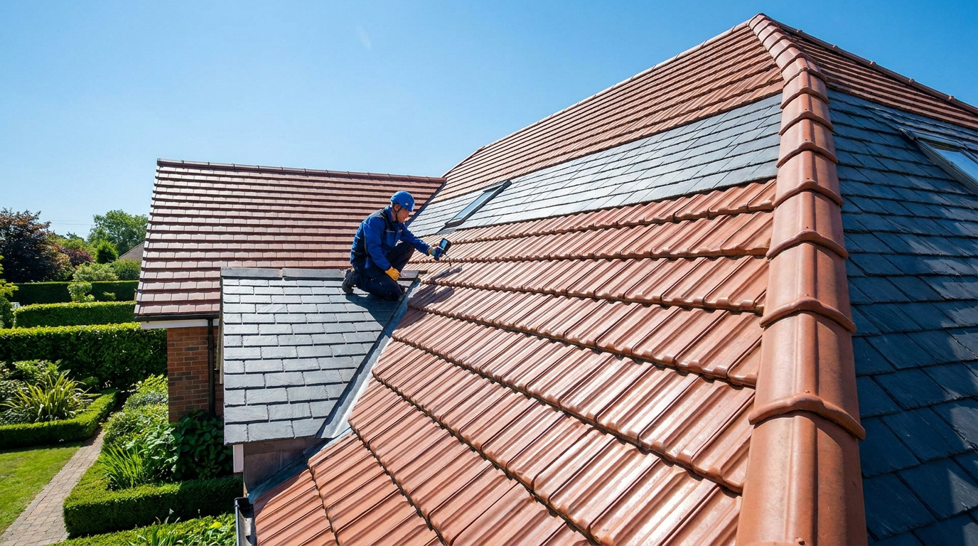 Un couvreur professionnel inspectant une toiture en tuiles sous un ciel bleu dégagé.