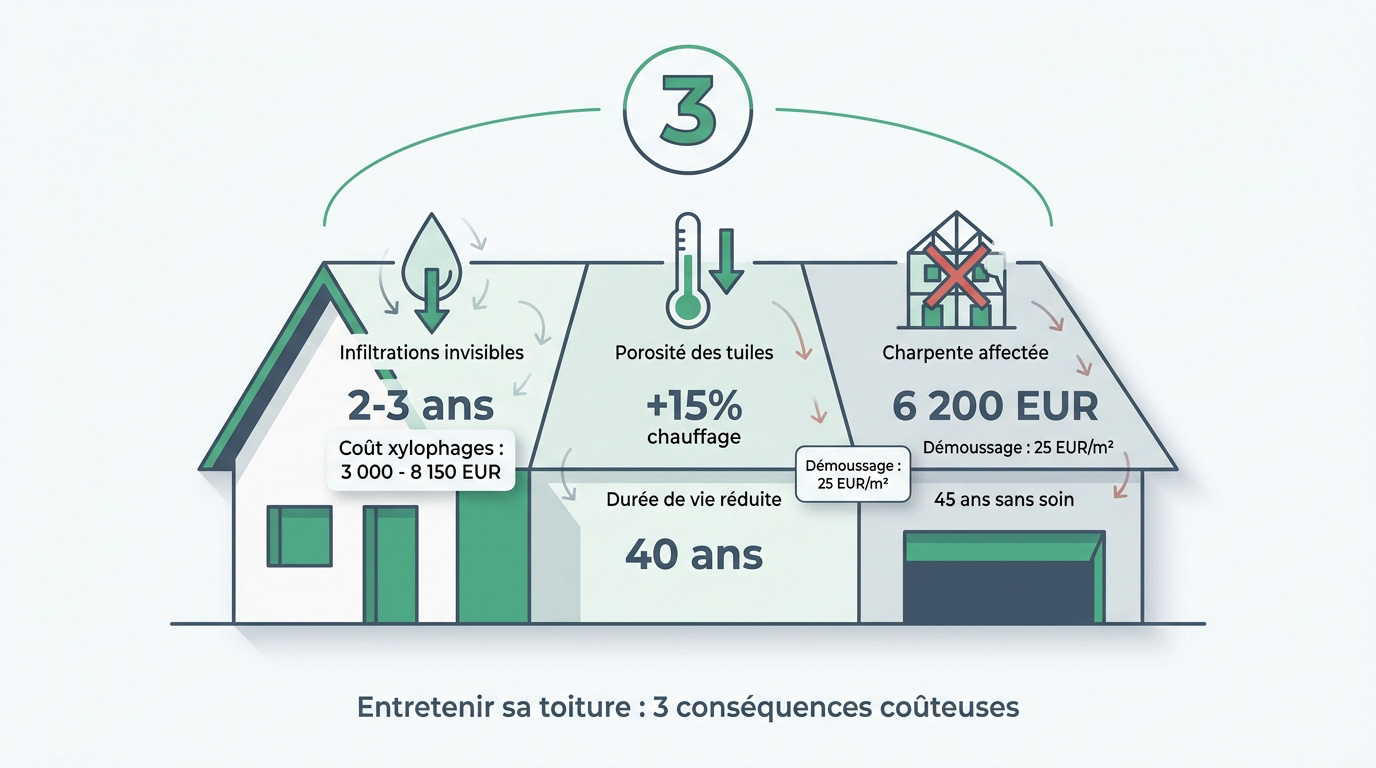 Dégâts causés par la mousse et infiltrations sur une toiture en tuiles
