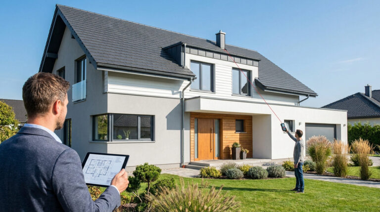 Un expert utilise un télémètre laser pour mesurer la hauteur d'une maison moderne avec un plan sur une tablette au premier plan.