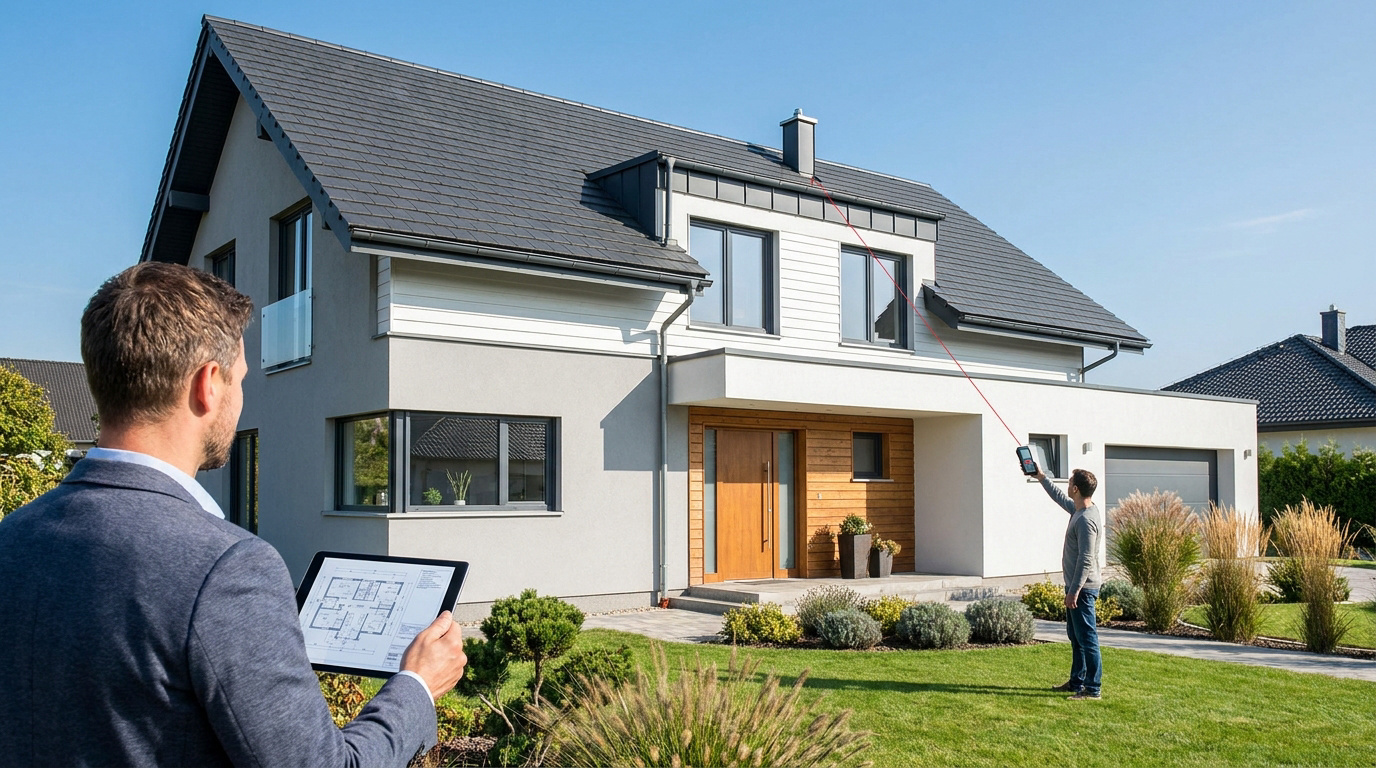 Un expert utilise un télémètre laser pour mesurer la hauteur d'une maison moderne avec un plan sur une tablette au premier plan.
