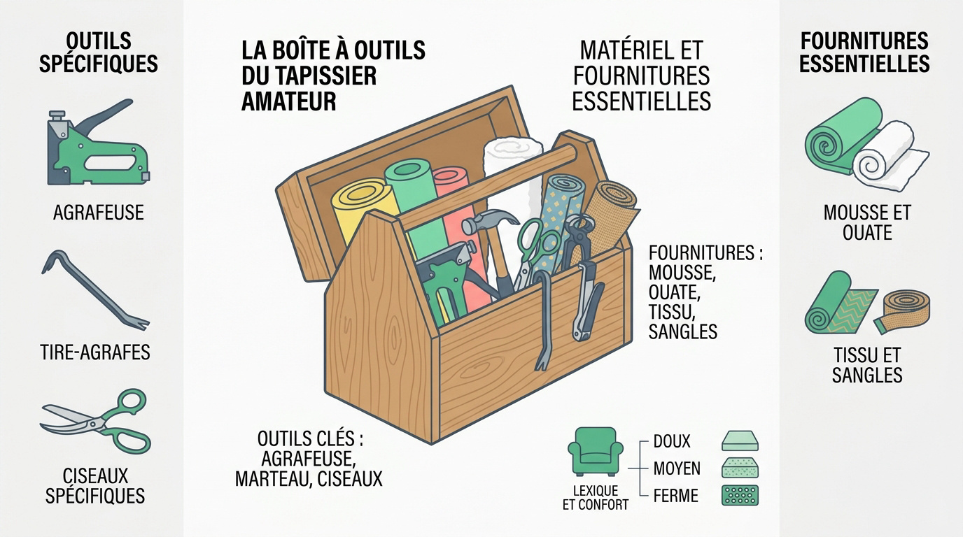 Sélection d'outils de tapissier incluant marteau, agrafeuse et ciseaux sur un établi