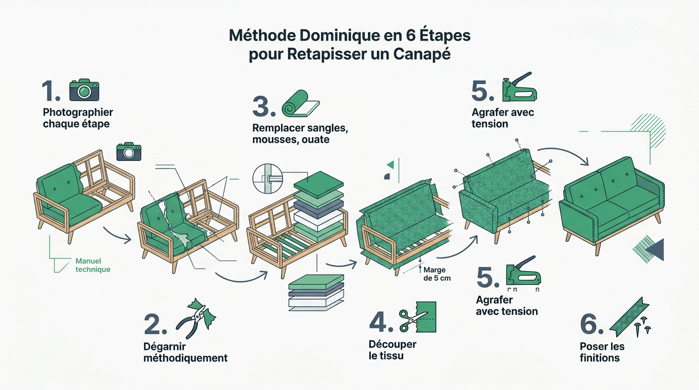 Schéma illustrant les 6 étapes de la méthode Dominique pour retapisser un canapé vintage