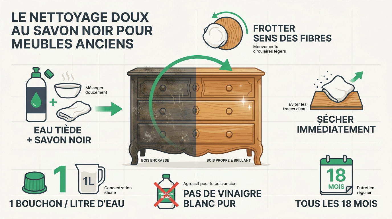 Nettoyage d'un meuble en bois vintage avec un chiffon et du savon noir
