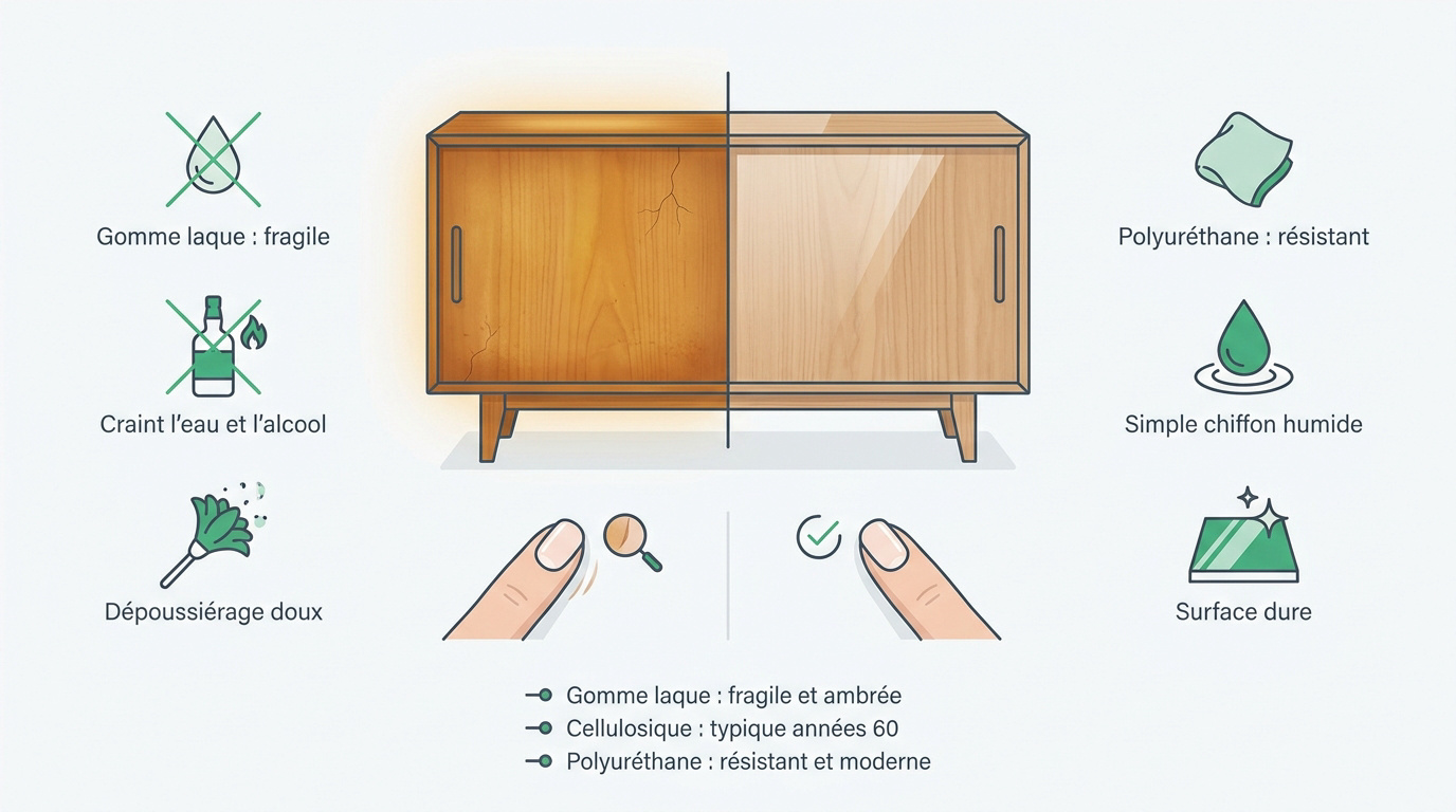 Comparaison visuelle entre un vernis vintage à la gomme laque et un vernis polyuréthane moderne sur bois ancien